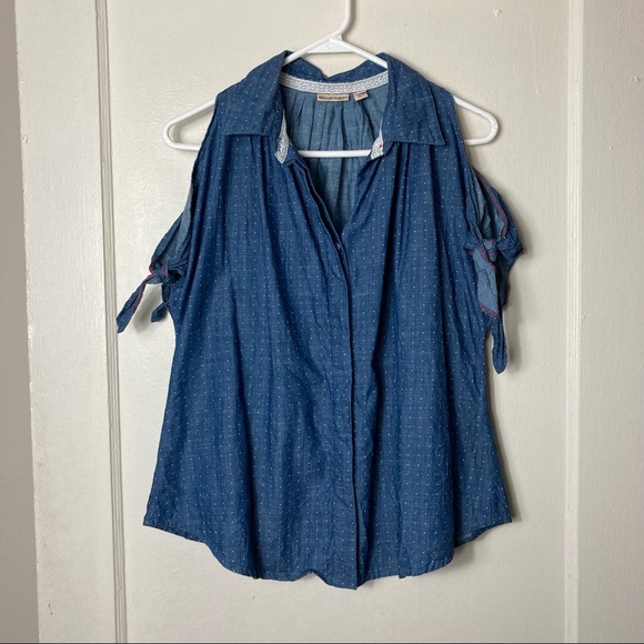Anthropologie holding horses chambray cold shoulder tie sleeve top 6 - Picture 2 of 8